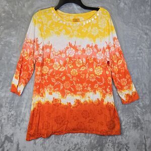 Ruby Rd Shirt Top Womens Large Floral Yellow Orange Bright Button Embellishments